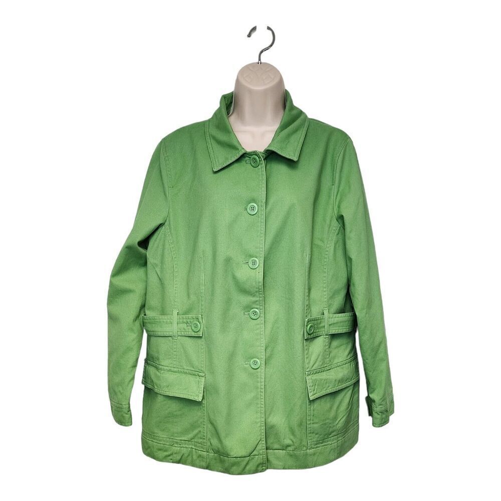 Denim & Co. Button-Front Utility Jacket/Coat Plaid Lining Size Large Color Green